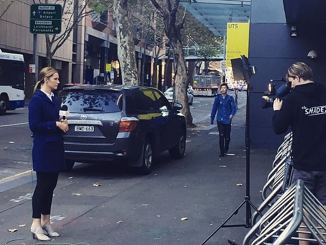 Seven News Sydney and Sunrise reporter Jessica Ridley reporting outside the Australian Broadcasting Corporation's Ultimo studios in Sydney.