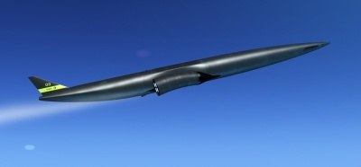 A computer-generated image of the Skylon spaceplane climbing to orbit.