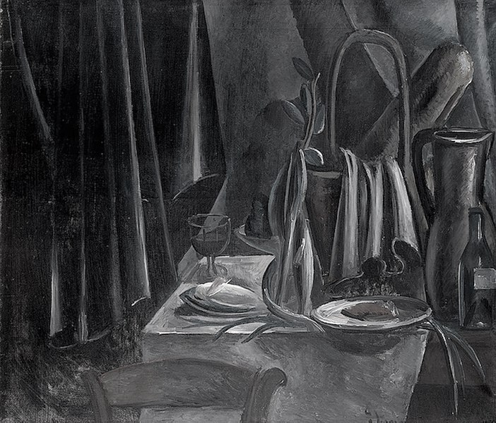 File:André Derain, 1912, Nature morte (Still Life), oil on canvas, 100.5 x 118 cm, State Hermitage Museum, Saint Petersburg, Russia. (Black and white).jpg