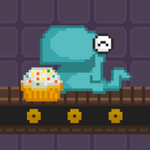 A smiling dinosaur on a conveyor belt looking at a pastry.