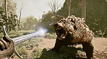 The player is engaging in combat with an infected bear. Avowed gamelay.jpeg