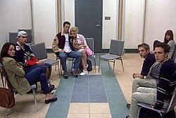 A screenshot from the film Final Destination showing the Flight 180 survivors (from left to right): Ms. Valerie Lewton, Billy Hitchcock, Carter Horton, Terry Chaney, Clear Rivers, Alex Browning, and Tod Waggner. These survivors were the second set of survivors enlisted in Death's list of the entire franchise. FD Flight Survivors.jpg