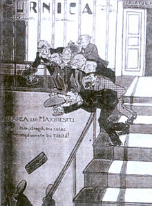 The fall of the Titu Maiorescu executive in 1914, cover of Furnica magazine. Ion I. C. Brătianu and his ministers look on as Maiorescu plunges downstairs; the caption reads Dear Titu, don't forget to give our compliments to Tăkiţă!