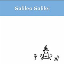 Alun-alun putih dengan biru header membaca "Galileo Galilei". Di sudut kanan bawah adalah tongkat gambar-gambar dari lima orang yang membawa peralatan.