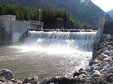 Example of a Run-of-River facility:Toba Montrose, supplying 235 MW of power to BC Hydro Toba Montrose Run of River Hydro Power Plant Intake.jpg