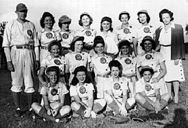 1944 Minneapolis Millerettes
Back, L-R: Bubber Jonnard (Manager), Dorothy Wiltse (P), Vivian Kellogg (1B), Audrey Haine (P), Lavonne Paire (C), Kay Blumetta (P/1B), Lillian Jackson (OF), Ada Ryan (Chaperone).
Middle, L-R: Faye Dancer (OF), Elizabeth Farrow (P), Margaret Callaghan (3B), Audrey Kissel (2B), Margaret Wigiser (OF). Front, L-R: Ruth Lessing (C), Annabelle Lee (P), Helen Callaghan (OF), Betty Trezza (IF/OF). 1944 Minneapolis Millerettes.jpg