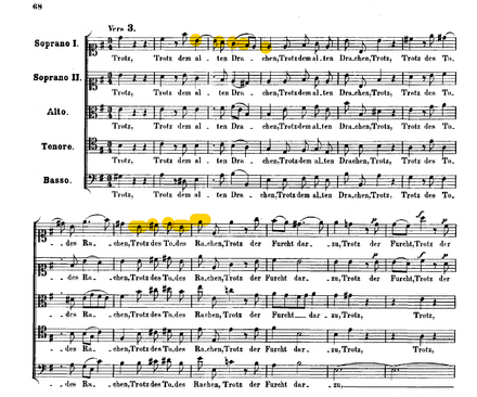 Partitura do início de cinco partes do quinto movimento, destacando elementos da melodia coral