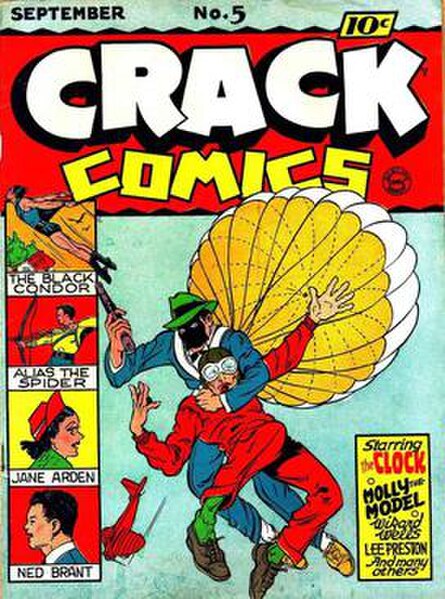 Crack Comics #5 (Sept. 1940), first use of the "Quality Comic Group" logo (to right of "COMICS"). Cover art by Gill Fox.