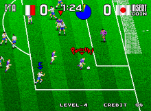Gameplay screenshot showcasing a match between Italy and Japan. NEOGEO Tecmo World Soccer '96.png
