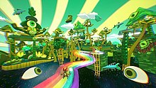 A screenshot from one of the game's levels, featuring brightly-colored, psychedelic art design.