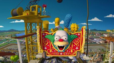 Sideshow Bob (top) prepares to kill the Simpson family (center) in a scene from the ride
