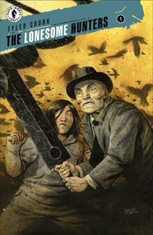 The Lonesome Hunters #1 cover. An elderly man, Howard, wields a large sword and a young woman, Lupe, stands at his side while magpies fly around them.