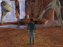 Uru is a departure from previous Myst games in that it takes place from a third-person view and uses real-time rendering in contrast to pre-rendered environments. Uru screenshot.png