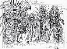 Masato Kato's original sketches of the main characters. From left to right: the daughter of a fairy king, a tin robot (top), a monster man (bottom), an inventor girl, the male protagonist, a demon king, a primitive girl, and an old sage Chrono Trigger original characters.jpg