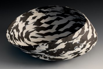 Lorraine Shemesh, Black & White Tilted Nerikomi Vessel, porcelain, 4.5" x 11" x 7.5", 2011. Lorraine Shemesh blackwhitetiltednervess 2011.jpg