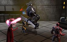 Marvel Heroes allowed players to control iconic Marvel Comics heroes. Here Iron Man, Scarlet Witch and Wolverine battle an enemy robot. Marvel heroes screen.jpg