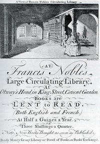 An engraved ticket for Francis Woods's circulating library in London from some time after mid-century. Nobles-library.png