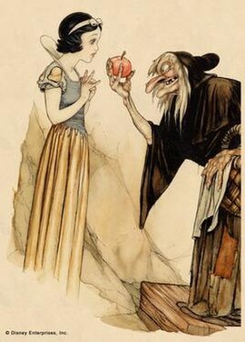 The Witch offering a poisoned apple to Snow White in Gustaf Tenggren's inspirational art for the film