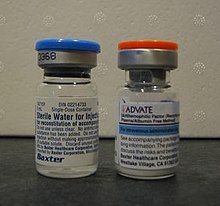 Commercially produced factor concentrates such as "Advate", a recombinant Factor VIII, come as a white powder in a vial which must be mixed with sterile water prior to intravenous injection. Factor VIII concentrate in Commercial Packaging.JPG