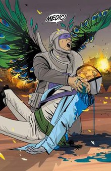 One of the two panels in issue 12 for which Comixology initially prohibited sale of that issue through iOS because of sexual content. Note the image on the screen. Panel from Saga issue 12.jpg