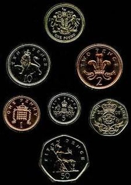 Examples of the standard reverse designs minted until 2008. Designed by Christopher Ironside (£2 coin is not shown).