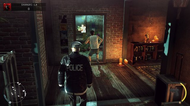 In this gameplay screenshot, Agent 47 is disguised as a policeman. Disguises allow players to gain access to previously restricted areas.