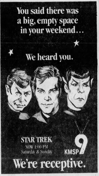 1979 ad for Star Trek airings on KMSP, from after the station reverted to being an independent. The "9" logo was introduced in 1972, when it was an AB