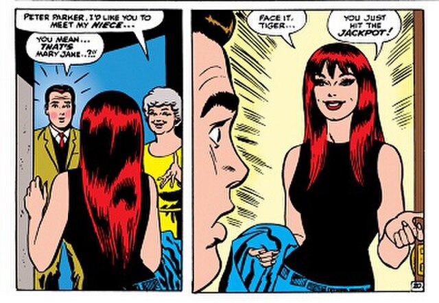 Mary Jane's face is shown for the first time, and her famous catchphrase is first uttered. Art by John Romita Sr. From The Amazing Spider-Man #42.