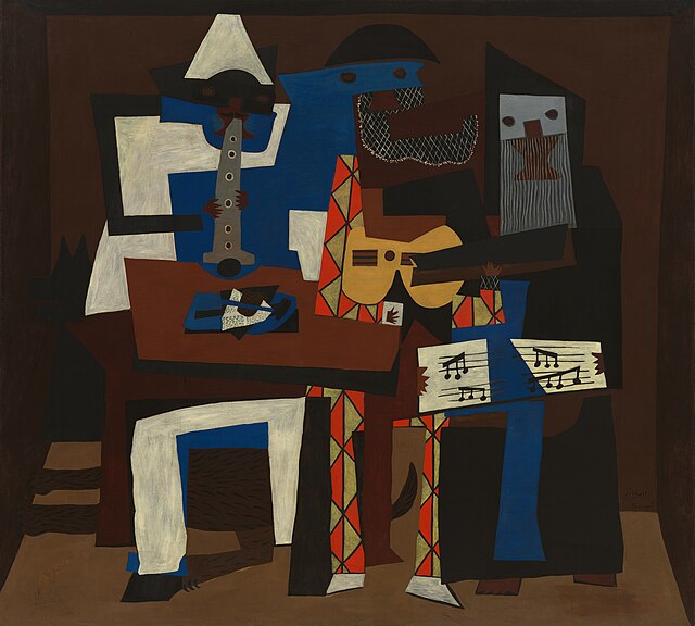 Pablo Picasso, 1921, Three Musicians, oil on canvas, 200.7 × 222.9 cm, Museum of Modern Art, New York. Acquired by Paul Rosenberg