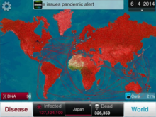 Gameplay screenshot of Plague Inc. showing a map of the world, with infected countries in red Plague Inc. gameplay.png