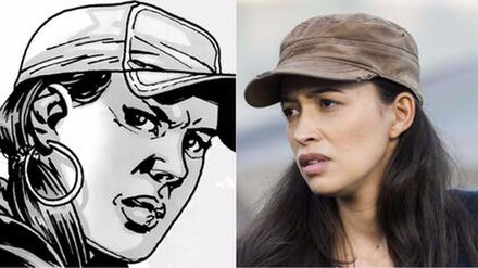 Rosita Espinosa, as she appears in the comic book series (left) and as portrayed by Christian Serratos in the television series (right).