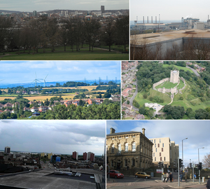 Clockwise from top left: Sheffield city centre from Meersbrook Park, industry in Aldwarke, 12th century Conisbrough Castle in Conisbrough, Barnsley, central Doncaster, and more rural Hellaby.