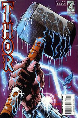 Mjölnir held by Thor on the cover of Thor #494 (Jan. 1996). Art by Mike Deodato Jr.