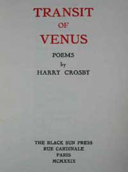 Cover from Transit of Venus, poetry written by Harry Crosby and published by Black Sun Press, in 1929.