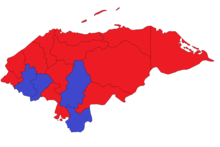Presidential election results by department: Blue = National Party, Red = Liberal Party Honduras Presidential election 2005 results by department.png