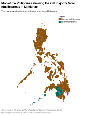 Philippine map showing the areas with majority Christians and islam.png