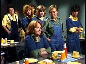 Prisoner cast pic from early 1979. Seated: Bea Smith (Val Lehman). Standing, right to left: Karen Travers (Peta Toppano), Franky Doyle (Carol Burns), Doreen Anderson (Colette Mann), Chrissie Latham (Amanda Muggleton), and a background prisoner, later known as Lorna Young (Barbara Jungwirth).