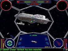 A Mon Calamari Star Cruiser (foreground) and Victory-class Star Destroyer (background) viewed from a TIE Avenger cockpit in the 1998 X-Wing Collector Series version of TIE Fighter. This edition adds texture-mapped graphics. SWTIEFighter.jpg