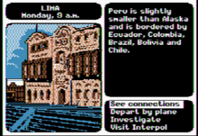 A screenshot from the game, showing the options to the player at a given location. Carmen Sandiego's interface was designed as a graphic menu-driven adventure game to remove the ambiguity of previous text adventure games. Screenshot of Where in the World is Carmen Sandiego (1985).png