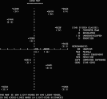 Screenshot of gameplay, featuring the galaxy map Star Trader 1974 screenshot.png