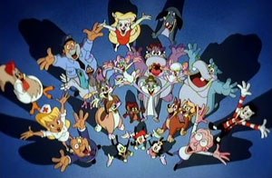 Animaniacs had a wide cast of characters; shown here are the majority of the characters from the series, among them, Ralph T. Guard, Otto Von Scratcha