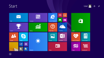 The Start screen in Windows 8.1, with the Power and Search button also visible.