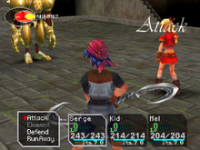 Two characters in foreground in battle poise, menu with "Attack", "Element", "Defend", "Run Away", boxes with health statistics for characters "Serge", "Kid", and "Mel", stone floor, gold robotic enemy facing the characters