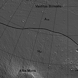 Approximate geologic contact of Upper Hesperian lava apron from Alba Mons (Hal) with Lower Amazonian Vastitas Borealis Formation (Avb). Image is MOLA topographic map adapted from Ivanov and Head (2006), Figs. 1, 3, and 8. Hesperian Amazonian contact.jpg