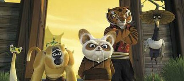 From left to right: Master Viper, Master Monkey, Master Mantis (on Monkey's head), Master Shifu, Master Tigress and Master Crane. The Furious Five are