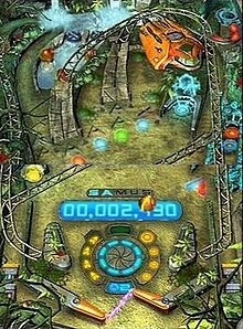 The Tallon Overworld table is one of the first two tables that the player can access. In the lower screen, the score is seen at the top while the flippers are seen at the bottom. Metroid Prime Pinball gameplay.jpg