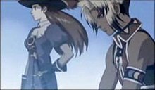 A scene from the opening movie, in which Exceeding Love plays. It shows one of the protagonists (Hugo, right) and a Star of Destiny (Lilly Pendragon, left).