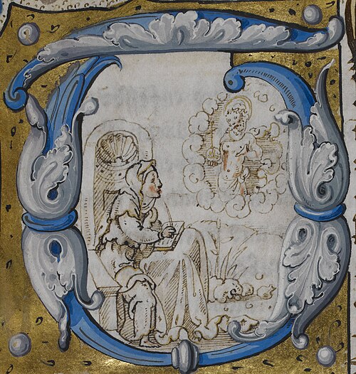 The Vision of St Bridget, detail of initial letter miniature, dated 1530, probably made at Syon. The document is a conveyance of lands bequeathed to S