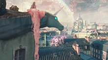 Swift sits on a unicorn-shaped eave as the dress turns into a waterfall. The word "Lover" in the background was an example of Easter eggs that Swift placed in the video, as it was later revealed to be the album title. Taylor Swift & Brendon Urie - Me! (music video screenshot).png