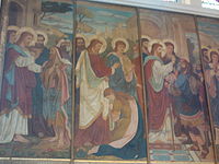 Painting of multiple miracles by Jesus on the north wall of the chancel by Alexander Gibbs, created in 1883/4. Wall relief.JPG